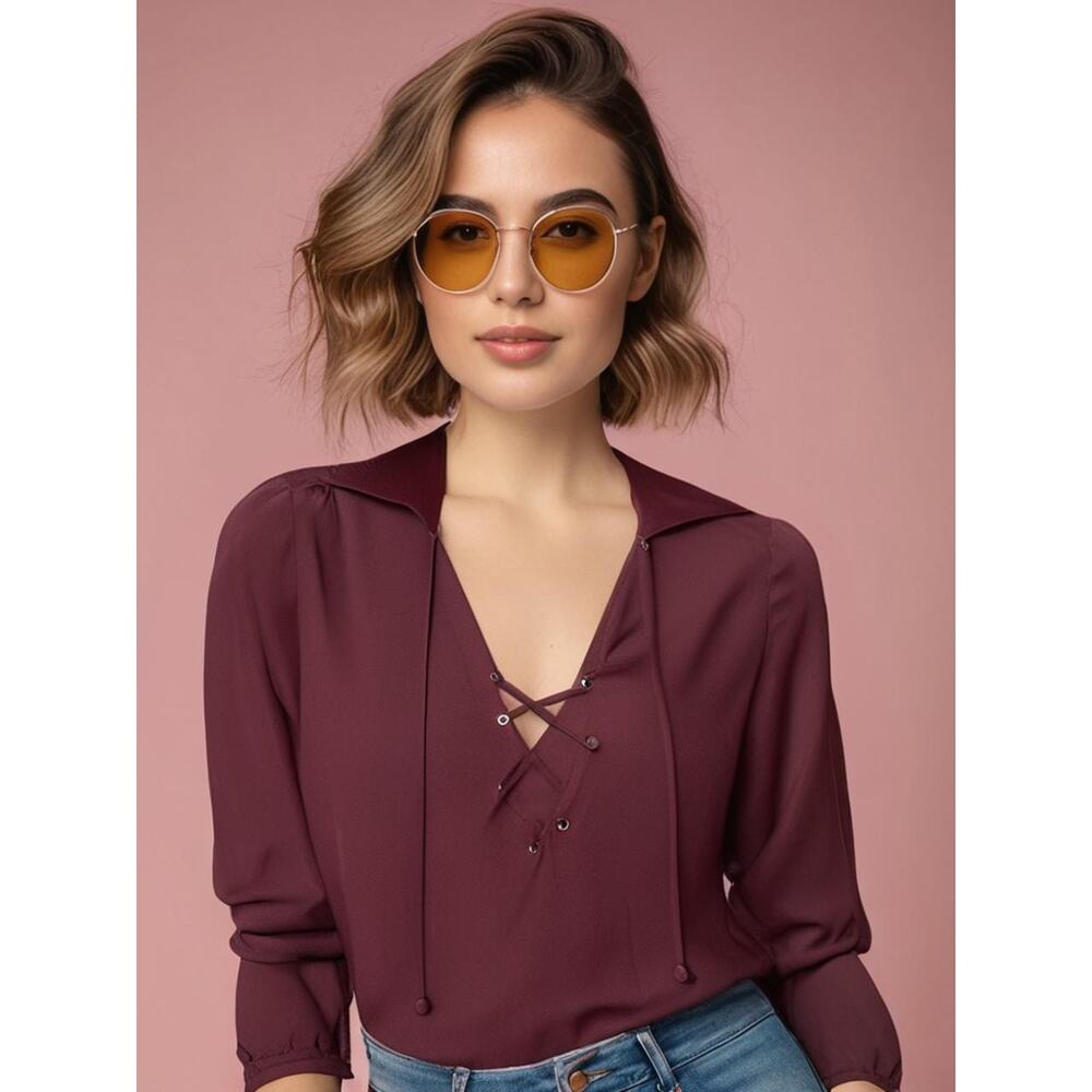 FRAME Women's Lace-Up Silk Blouse Red Collared‎ Long Sleeve XS